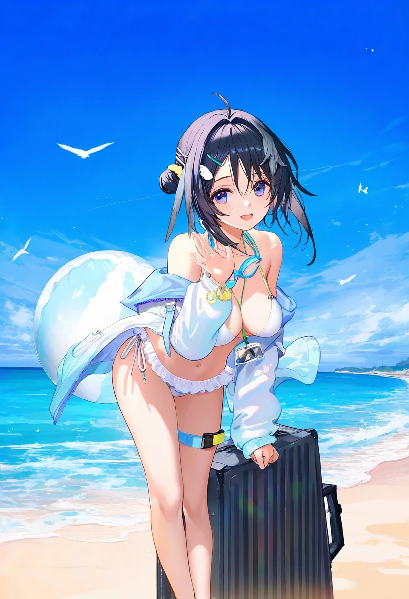 (kousaki ruri),[kedama milk],[ask \(askzy\)],wanke,[ATDAN],ciloranko,[[rhasta]],[tidsean],[ke-ta],[as109]],[sho \(sho lwlw\)]],wlop, - 1girl,la pluma \(summer flowers\) \(arknights\),arknights,white bikini,outdoors,navel,day,sky,blue sky,beach,suitcase,looking at viewer,ocean,low-tied long hair,leaning forward,standing,holding,frills,hand up,bare shoulders,floating hair,