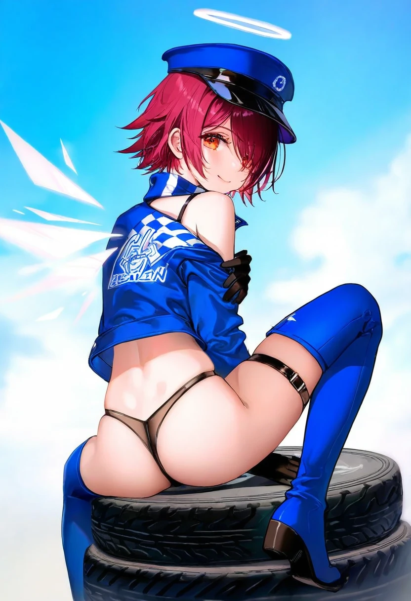(kousaki ruri),[kedama milk],[ask \(askzy\)],wanke,[ATDAN],ciloranko,[[rhasta]],[tidsean],[ke-ta],[as109]],[sho \(sho lwlw\)]],wlop, - 1girl,exusiai \(arknights\),arknights,black gloves,black panties,blue thigh boots,blue hat,blue jacket,long sleeves,race queen,thigh strap,thong,single bare shoulder,skindentation,tire,