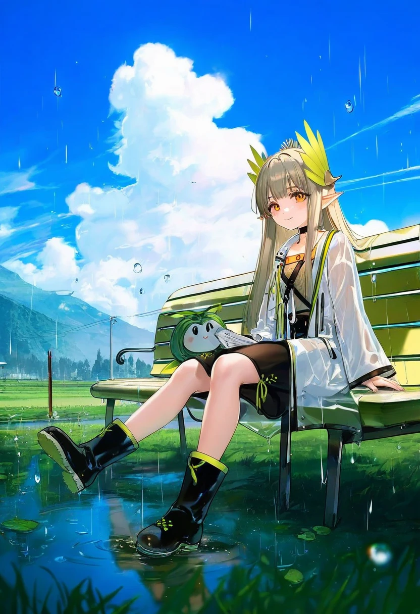 (kousaki ruri),[kedama milk],[ask \(askzy\)],wanke,[ATDAN],ciloranko,[[rhasta]],[tidsean],[ke-ta],[as109]],[sho \(sho lwlw\)]],wlop, - 1girl,muelsyse \(arknights\),arknights,cloudy sky,grass,on bench,outdoors,rain,road,yellow rubber boots,see-through coat,sitting,transparent raincoat,water drop,