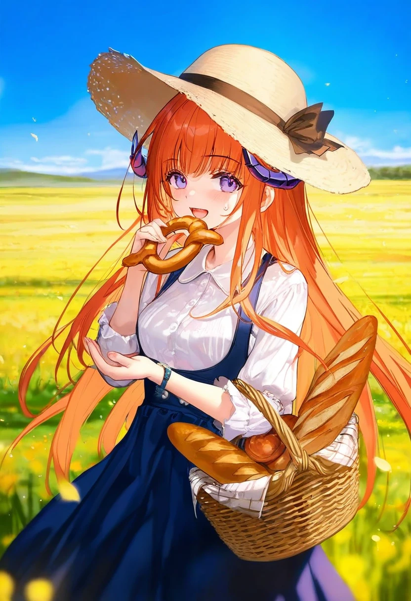 (kousaki ruri),[kedama milk],[ask \(askzy\)],wanke,[ATDAN],ciloranko,[[rhasta]],[tidsean],[ke-ta],[as109]],[sho \(sho lwlw\)]],wlop, - 1girl,bagpipe \(arknights\),arknights,baguette,blush,bread,croissant,holding basket,pretzel,upper body,straw hat,field,sky,laughing,sweat,sunlight,