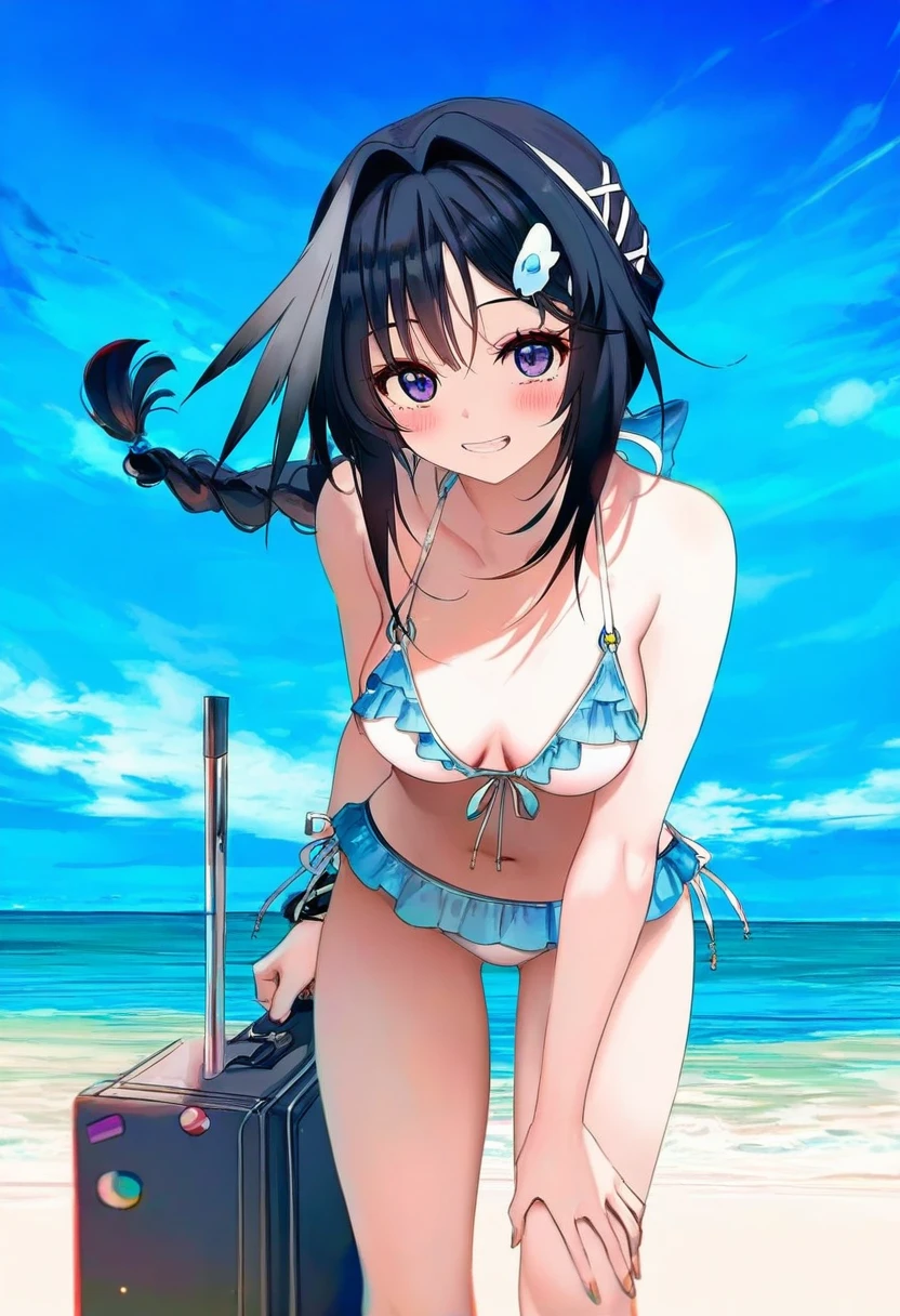 ru zhai,(kousaki ruri),ningen mame,[[momoko\(momopoco\)]],(creayus),kawacy,[[wlop]], - 1girl,la pluma \(summer flowers\) \(arknights\),arknights,white bikini,outdoors,navel,day,sky,blue sky,beach,suitcase,looking at viewer,ocean,low-tied long hair,leaning forward,standing,holding,frills,hand up,bare shoulders,floating hair,