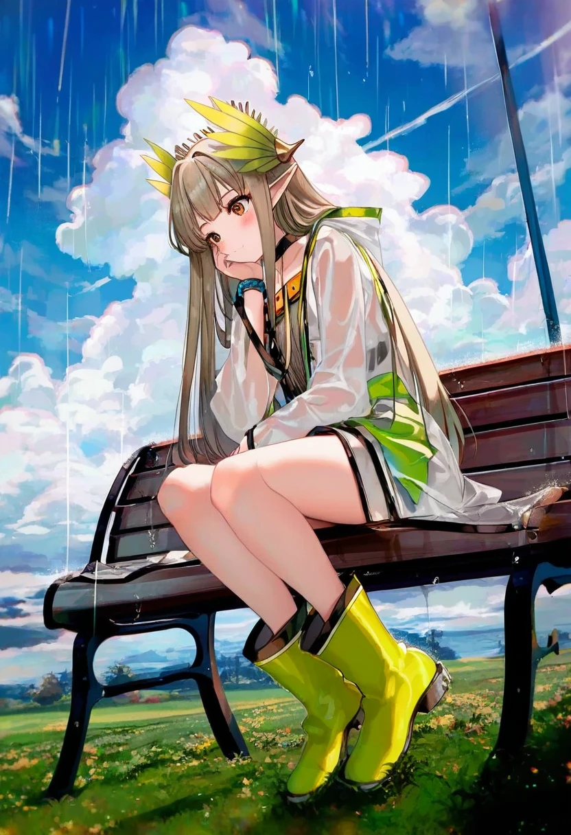 ru zhai,(kousaki ruri),ningen mame,[[momoko\(momopoco\)]],(creayus),kawacy,[[wlop]], - 1girl,muelsyse \(arknights\),arknights,cloudy sky,grass,on bench,outdoors,rain,road,yellow rubber boots,see-through coat,sitting,transparent raincoat,water drop,