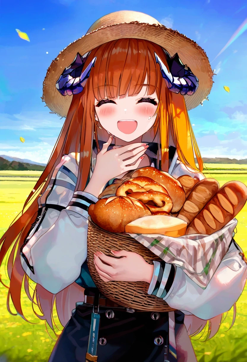 ru zhai,(kousaki ruri),ningen mame,[[momoko\(momopoco\)]],(creayus),kawacy,[[wlop]], - 1girl,bagpipe \(arknights\),arknights,baguette,blush,bread,croissant,holding basket,pretzel,upper body,straw hat,field,sky,laughing,sweat,sunlight,