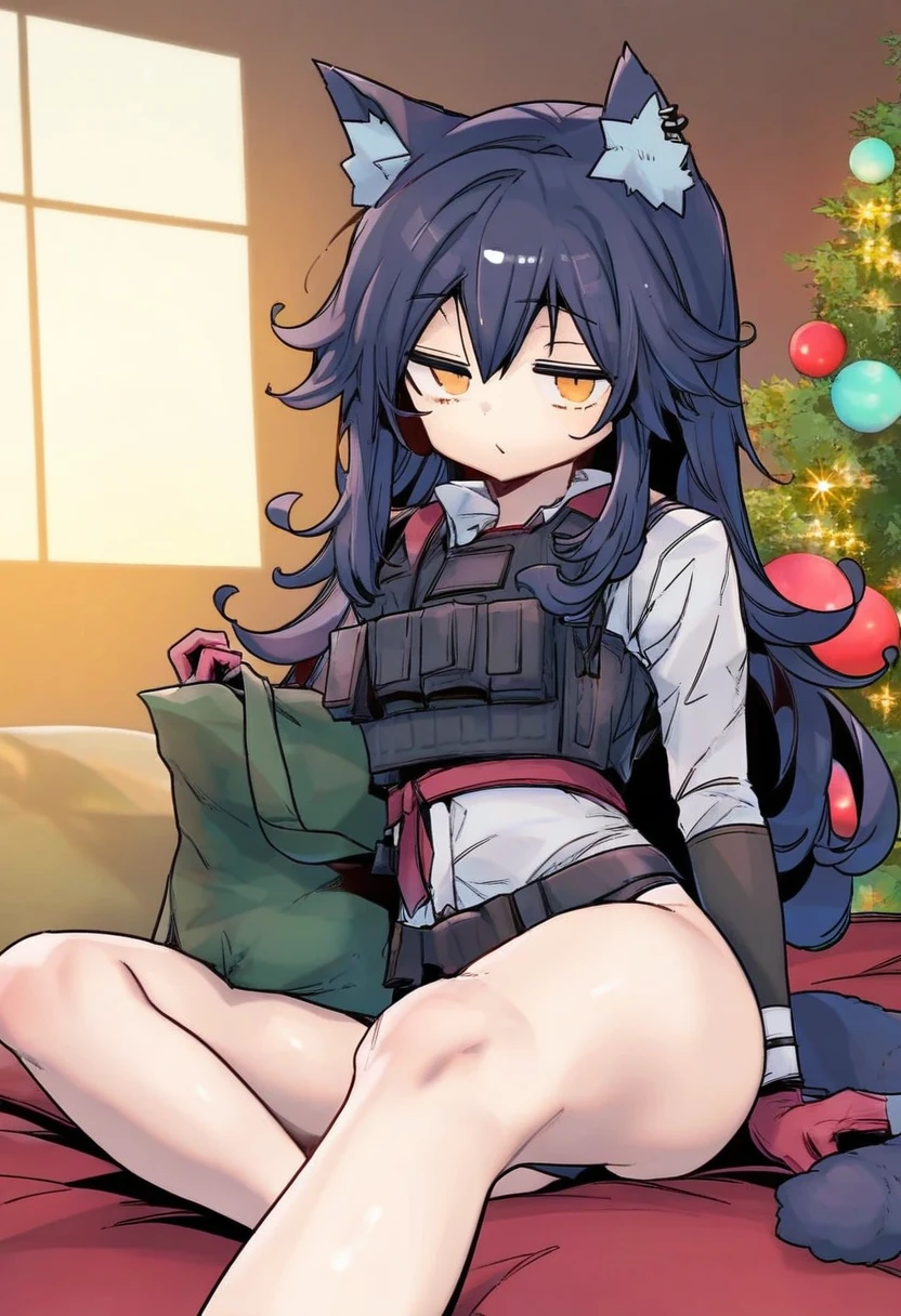 phantom ix row,akakura,beni shake,ningen mame,[[[tianliang duohe fangdongye]]],chen bin,sy4, - 1girl,texas \(arknights\),arknights,underwear,tactical vest,christmas tree,christmas ornaments,