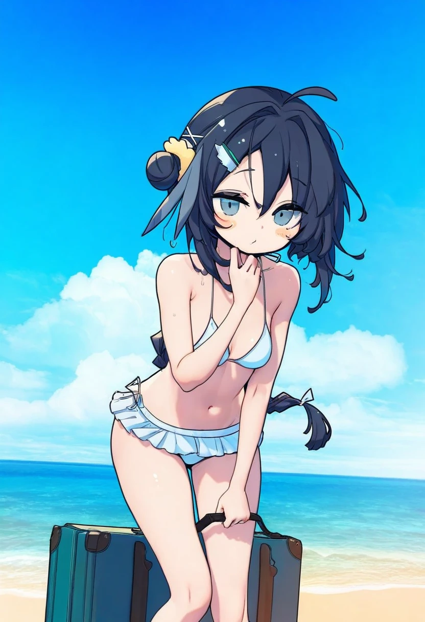 phantom ix row,akakura,beni shake,ningen mame,[[[tianliang duohe fangdongye]]],chen bin,sy4, - 1girl,la pluma \(summer flowers\) \(arknights\),arknights,white bikini,outdoors,navel,day,sky,blue sky,beach,suitcase,looking at viewer,ocean,low-tied long hair,leaning forward,standing,holding,frills,hand up,bare shoulders,floating hair,