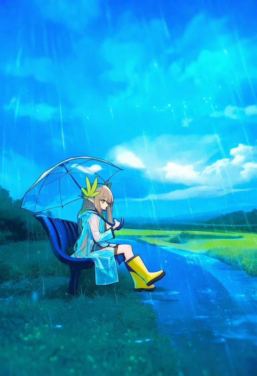 phantom ix row,akakura,beni shake,ningen mame,[[[tianliang duohe fangdongye]]],chen bin,sy4, - 1girl,muelsyse \(arknights\),arknights,cloudy sky,grass,on bench,outdoors,rain,road,yellow rubber boots,see-through coat,sitting,transparent raincoat,water drop,