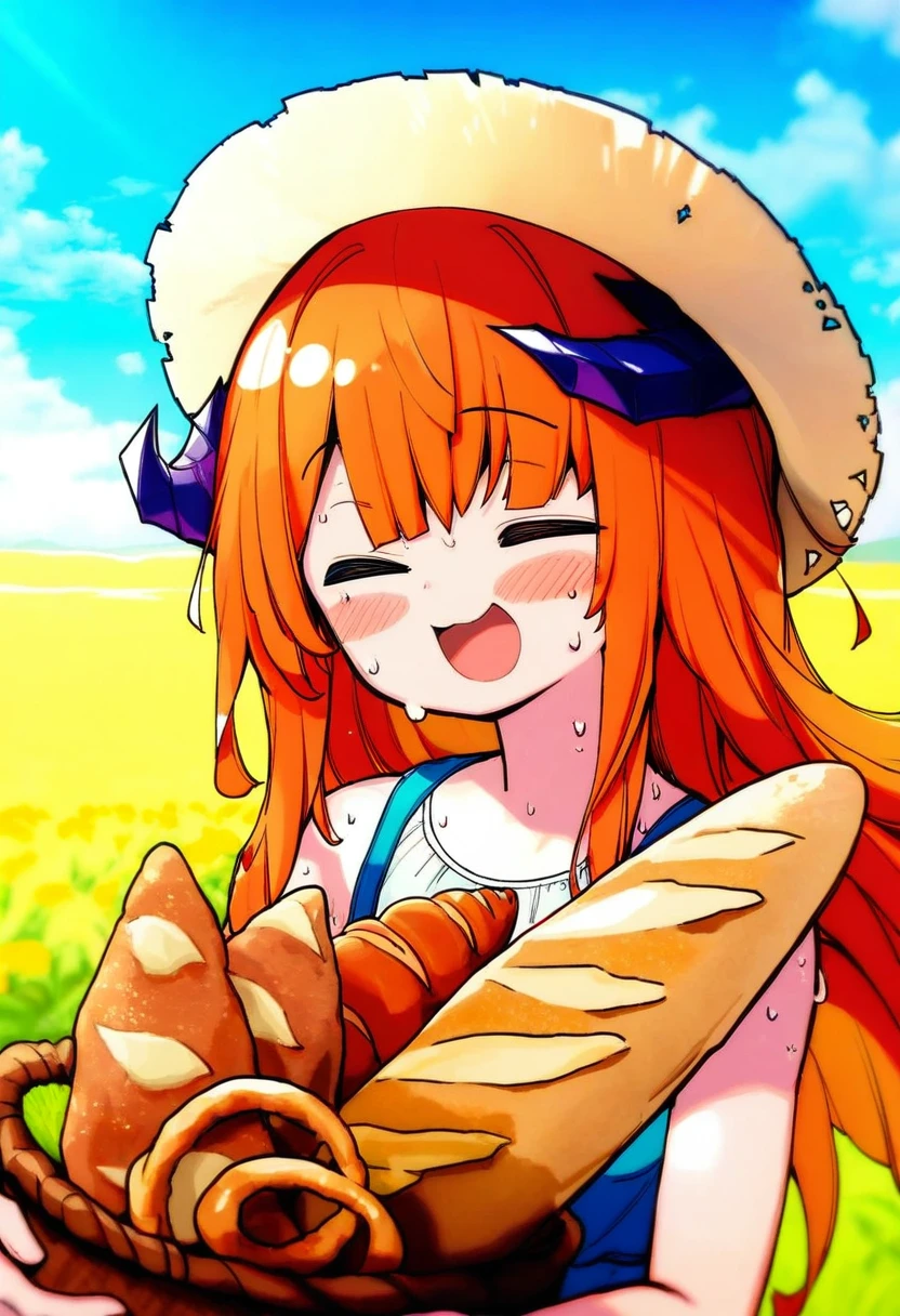 phantom ix row,akakura,beni shake,ningen mame,[[[tianliang duohe fangdongye]]],chen bin,sy4, - 1girl,bagpipe \(arknights\),arknights,baguette,blush,bread,croissant,holding basket,pretzel,upper body,straw hat,field,sky,laughing,sweat,sunlight,