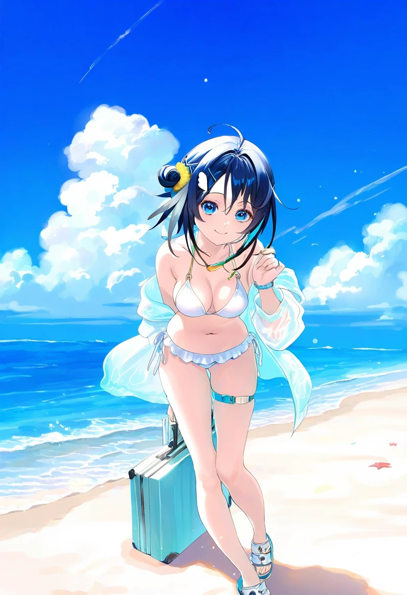 enkyo yuuichirou,infukun,toosaka asagi,kinhasu,[[fuzichoco]],kedama milk,[[wlop]], - 1girl,la pluma \(summer flowers\) \(arknights\),arknights,white bikini,outdoors,navel,day,sky,blue sky,beach,suitcase,looking at viewer,ocean,low-tied long hair,leaning forward,standing,holding,frills,hand up,bare shoulders,floating hair,