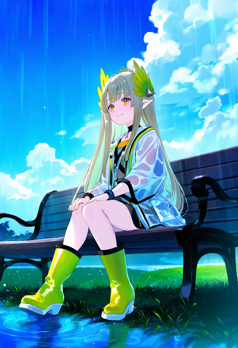 enkyo yuuichirou,infukun,toosaka asagi,kinhasu,[[fuzichoco]],kedama milk,[[wlop]], - 1girl,muelsyse \(arknights\),arknights,cloudy sky,grass,on bench,outdoors,rain,road,yellow rubber boots,see-through coat,sitting,transparent raincoat,water drop,