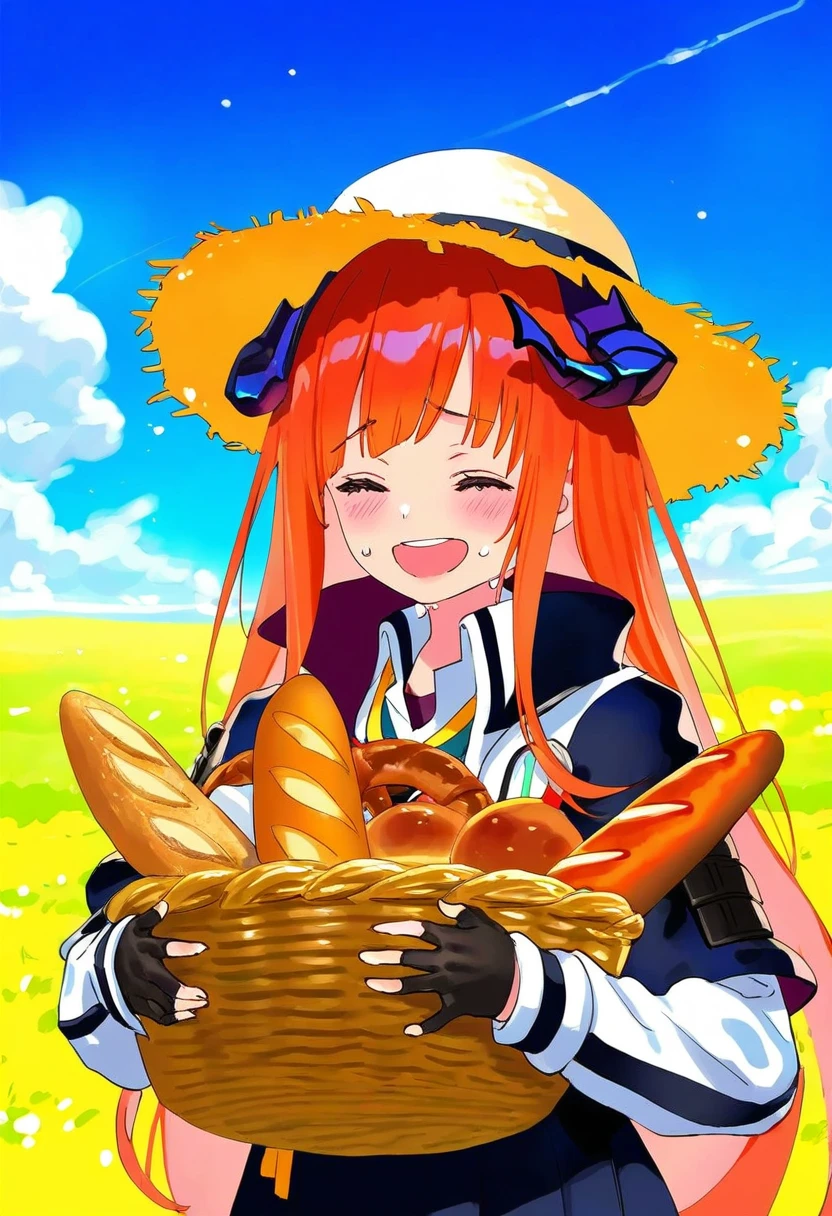 enkyo yuuichirou,infukun,toosaka asagi,kinhasu,[[fuzichoco]],kedama milk,[[wlop]], - 1girl,bagpipe \(arknights\),arknights,baguette,blush,bread,croissant,holding basket,pretzel,upper body,straw hat,field,sky,laughing,sweat,sunlight,