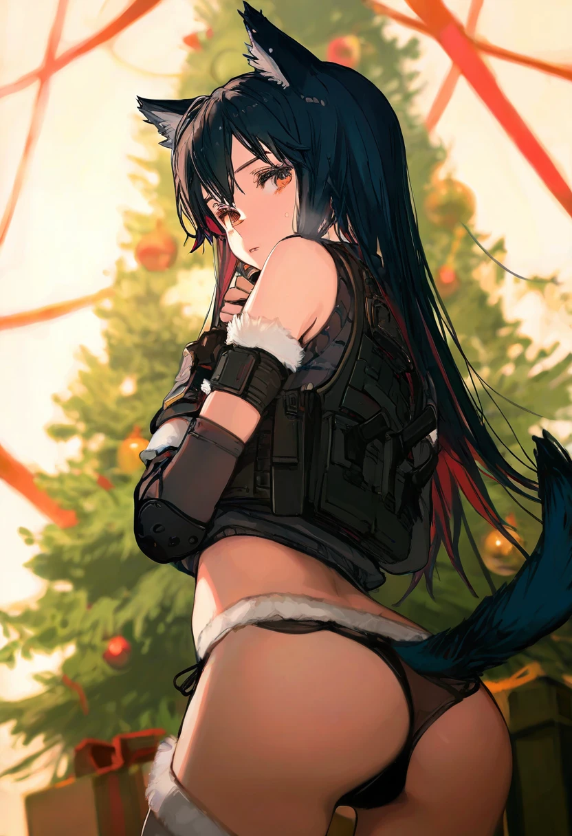 refeia,toi8,yuuji \(and\),[[As109]],ask\(askzy\),ciloranko, - 1girl,texas \(arknights\),arknights,underwear,tactical vest,christmas tree,christmas ornaments,