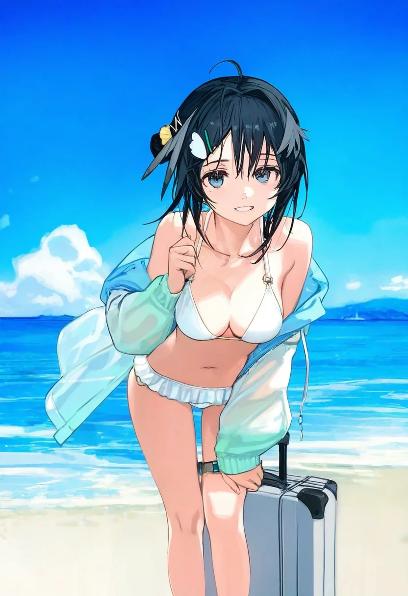 refeia,toi8,yuuji \(and\),[[As109]],ask\(askzy\),ciloranko, - 1girl,la pluma \(summer flowers\) \(arknights\),arknights,white bikini,outdoors,navel,day,sky,blue sky,beach,suitcase,looking at viewer,ocean,low-tied long hair,leaning forward,standing,holding,frills,hand up,bare shoulders,floating hair,