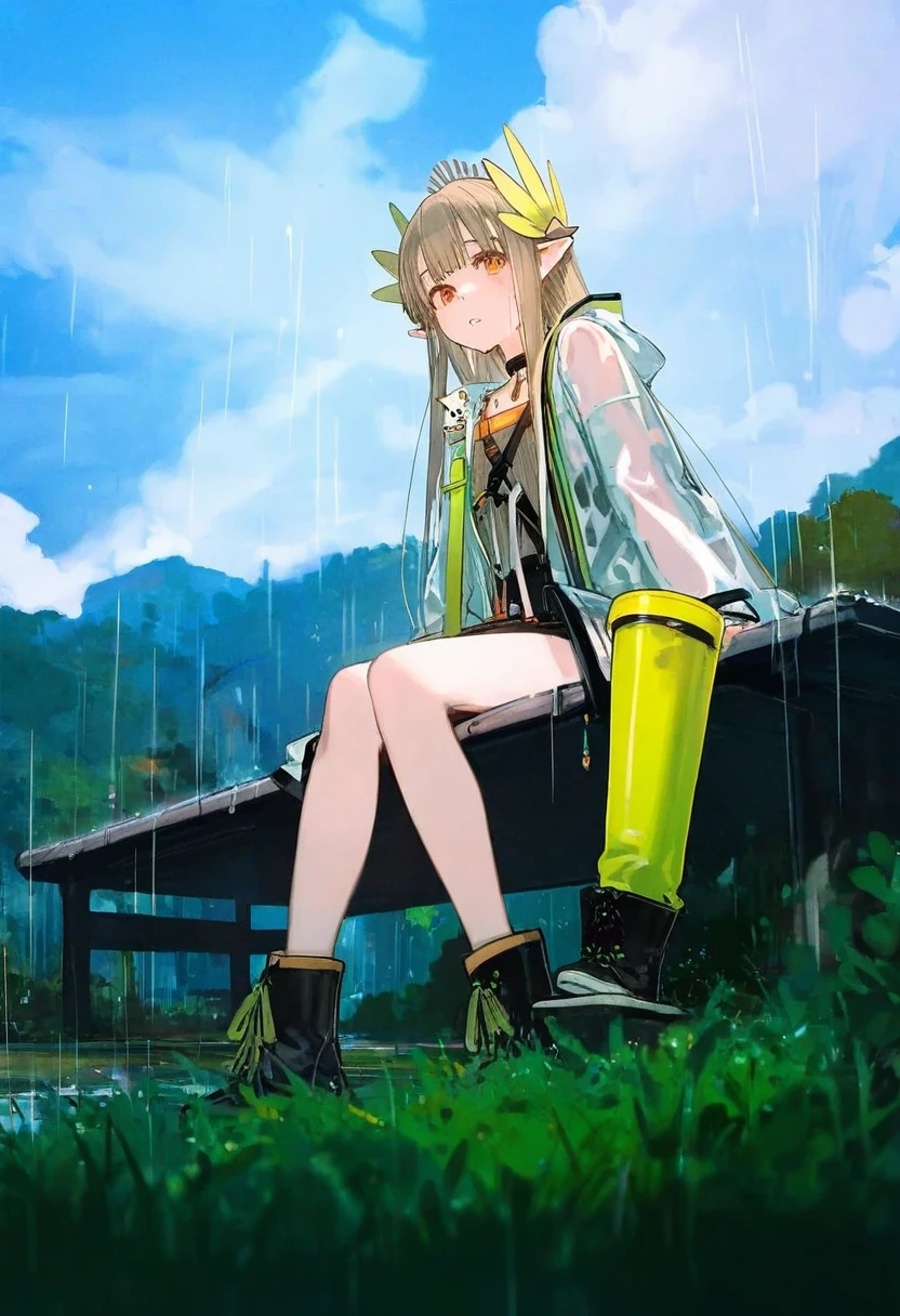 refeia,toi8,yuuji \(and\),[[As109]],ask\(askzy\),ciloranko, - 1girl,muelsyse \(arknights\),arknights,cloudy sky,grass,on bench,outdoors,rain,road,yellow rubber boots,see-through coat,sitting,transparent raincoat,water drop,