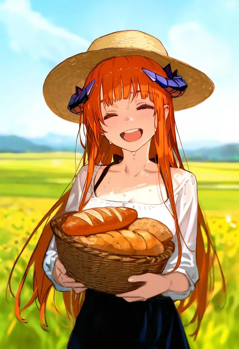 refeia,toi8,yuuji \(and\),[[As109]],ask\(askzy\),ciloranko, - 1girl,bagpipe \(arknights\),arknights,baguette,blush,bread,croissant,holding basket,pretzel,upper body,straw hat,field,sky,laughing,sweat,sunlight,