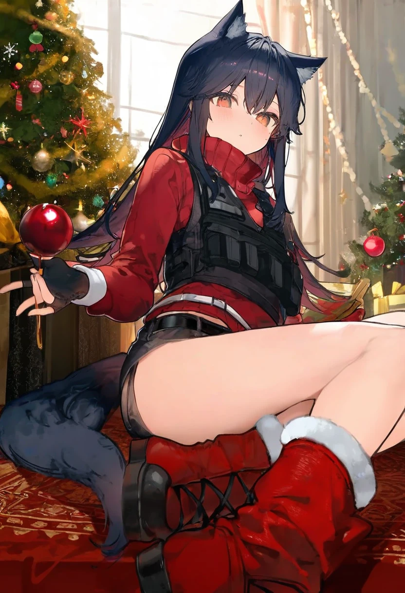 onineko,[ikeuchi tanuma],ningen mame,[[As109]],ask\(askzy\),ciloranko, - 1girl,texas \(arknights\),arknights,underwear,tactical vest,christmas tree,christmas ornaments,