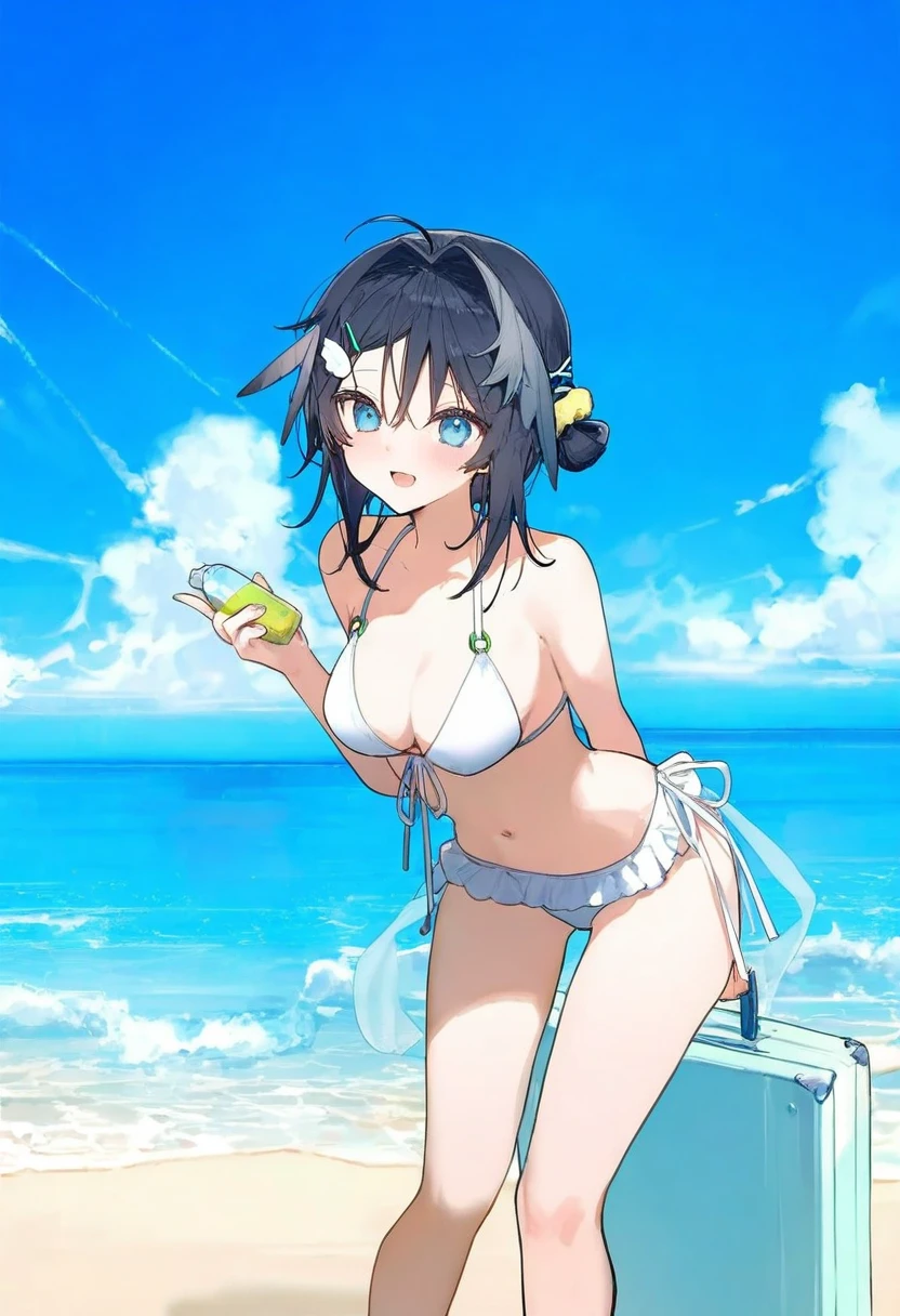 onineko,[ikeuchi tanuma],ningen mame,[[As109]],ask\(askzy\),ciloranko, - 1girl,la pluma \(summer flowers\) \(arknights\),arknights,white bikini,outdoors,navel,day,sky,blue sky,beach,suitcase,looking at viewer,ocean,low-tied long hair,leaning forward,standing,holding,frills,hand up,bare shoulders,floating hair,