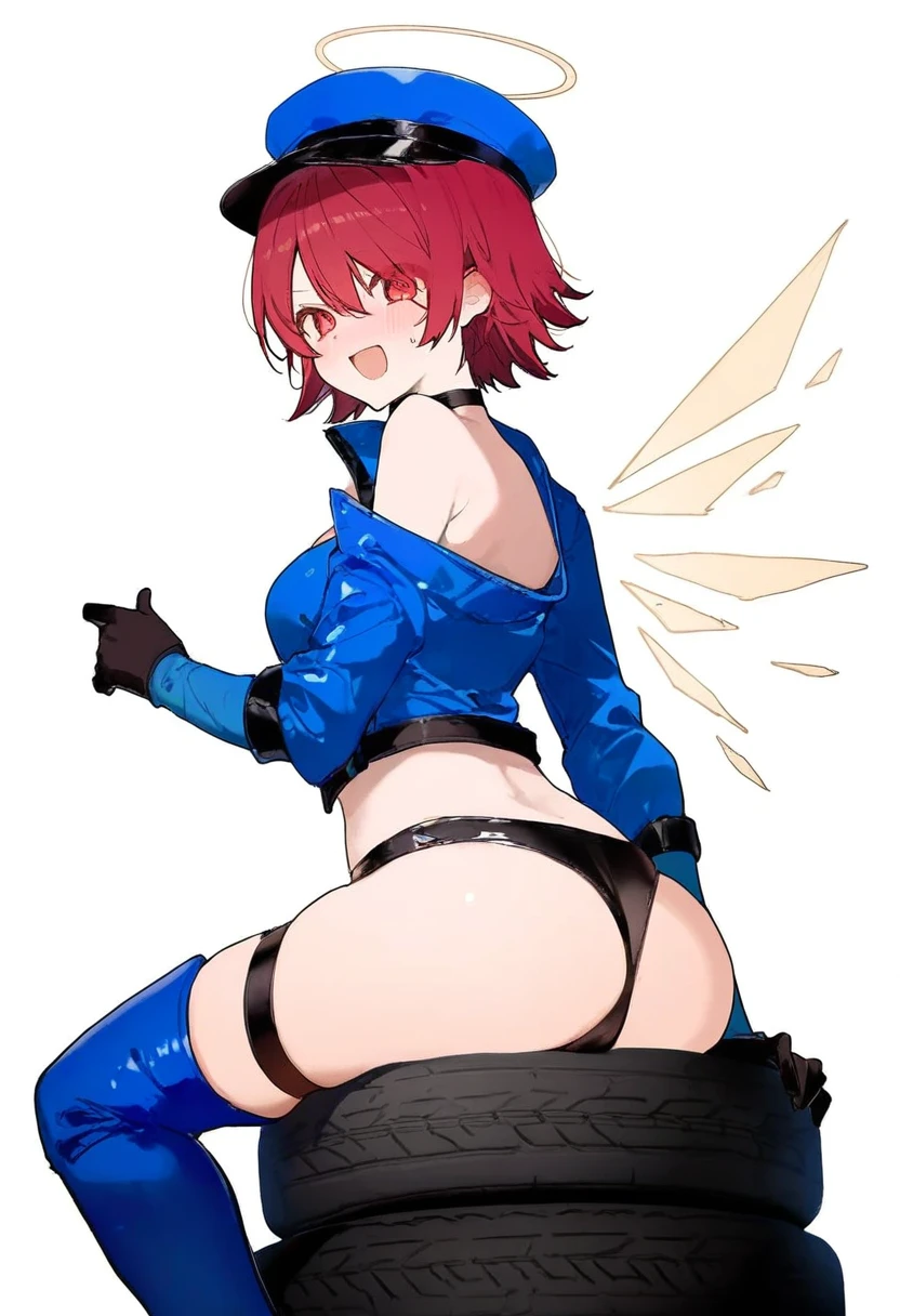 onineko,[ikeuchi tanuma],ningen mame,[[As109]],ask\(askzy\),ciloranko, - 1girl,exusiai \(arknights\),arknights,black gloves,black panties,blue thigh boots,blue hat,blue jacket,long sleeves,race queen,thigh strap,thong,single bare shoulder,skindentation,tire,