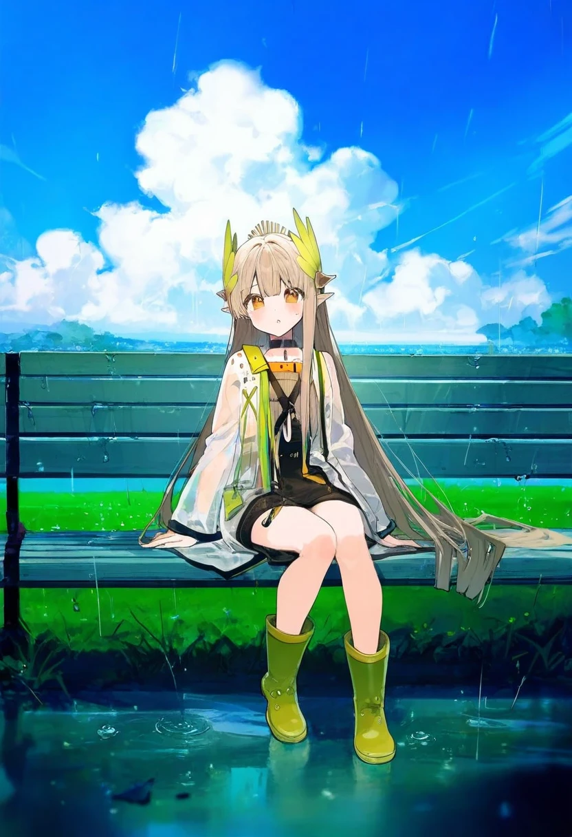 onineko,[ikeuchi tanuma],ningen mame,[[As109]],ask\(askzy\),ciloranko, - 1girl,muelsyse \(arknights\),arknights,cloudy sky,grass,on bench,outdoors,rain,road,yellow rubber boots,see-through coat,sitting,transparent raincoat,water drop,