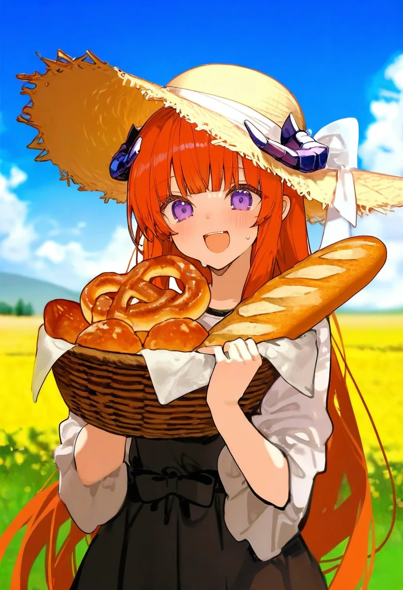 onineko,[ikeuchi tanuma],ningen mame,[[As109]],ask\(askzy\),ciloranko, - 1girl,bagpipe \(arknights\),arknights,baguette,blush,bread,croissant,holding basket,pretzel,upper body,straw hat,field,sky,laughing,sweat,sunlight,