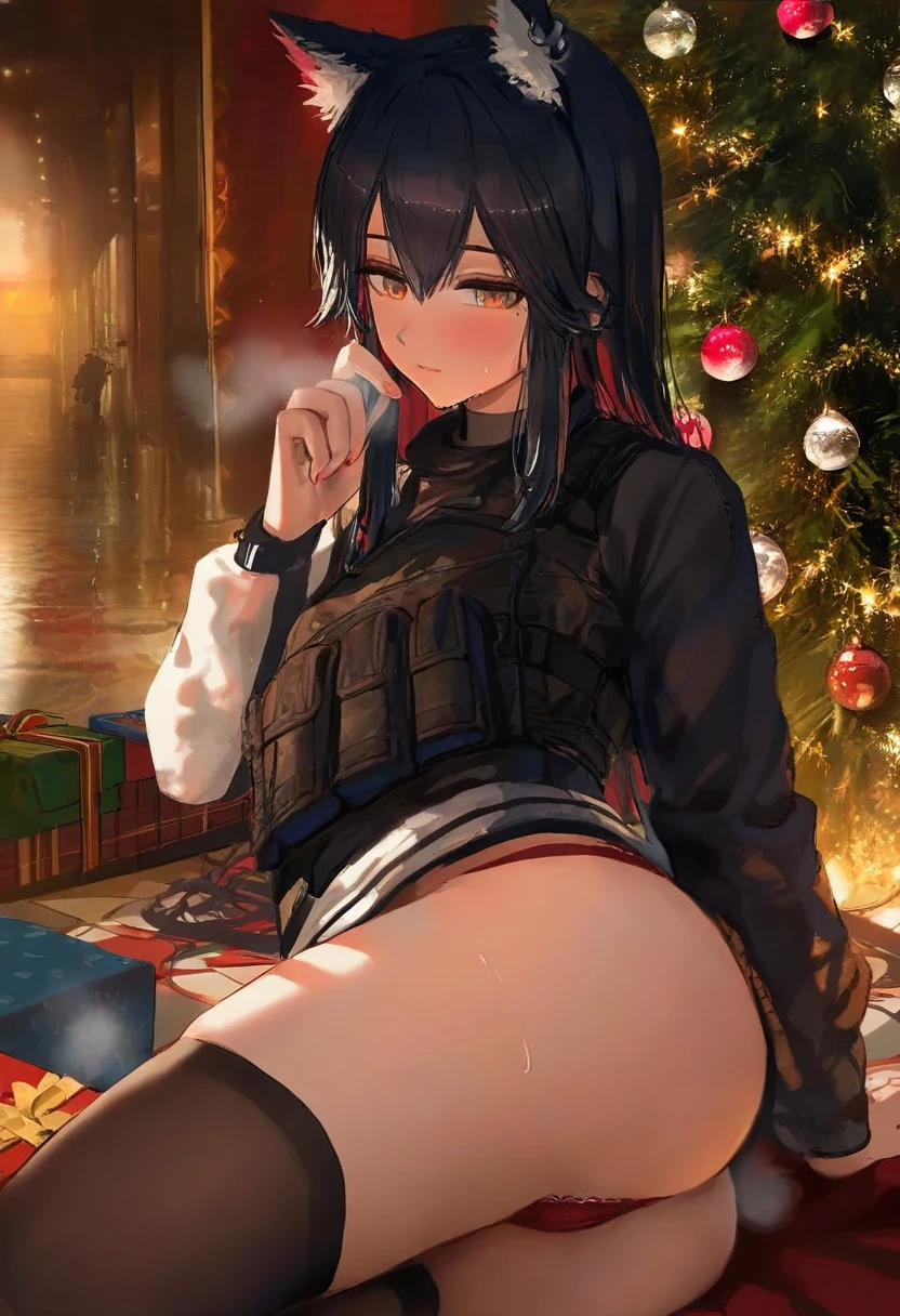 ningen mame,[ciloranko],[[binggong asylum]],asakuraf,[[shexyo]],[wlop], - 1girl,texas \(arknights\),arknights,underwear,tactical vest,christmas tree,christmas ornaments,
