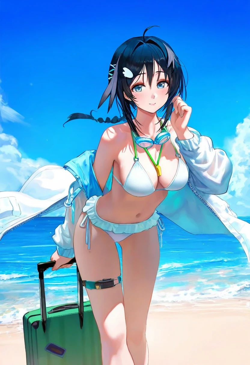 ningen mame,[ciloranko],[[binggong asylum]],asakuraf,[[shexyo]],[wlop], - 1girl,la pluma \(summer flowers\) \(arknights\),arknights,white bikini,outdoors,navel,day,sky,blue sky,beach,suitcase,looking at viewer,ocean,low-tied long hair,leaning forward,standing,holding,frills,hand up,bare shoulders,floating hair,