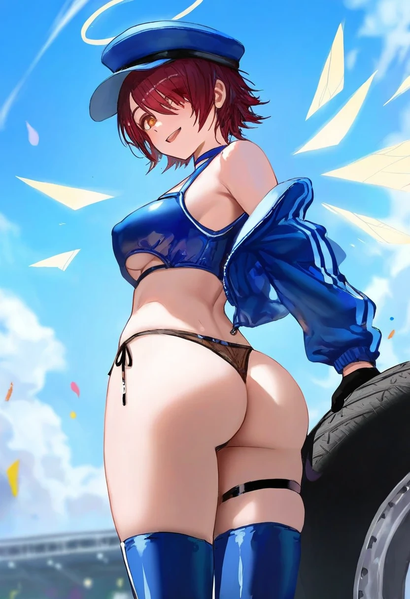 ningen mame,[ciloranko],[[binggong asylum]],asakuraf,[[shexyo]],[wlop], - 1girl,exusiai \(arknights\),arknights,black gloves,black panties,blue thigh boots,blue hat,blue jacket,long sleeves,race queen,thigh strap,thong,single bare shoulder,skindentation,tire,