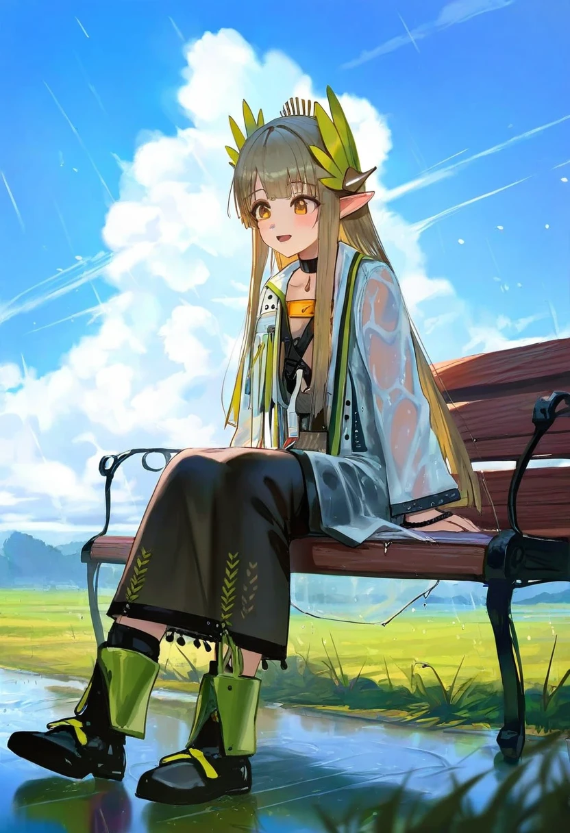 ningen mame,[ciloranko],[[binggong asylum]],asakuraf,[[shexyo]],[wlop], - 1girl,muelsyse \(arknights\),arknights,cloudy sky,grass,on bench,outdoors,rain,road,yellow rubber boots,see-through coat,sitting,transparent raincoat,water drop,