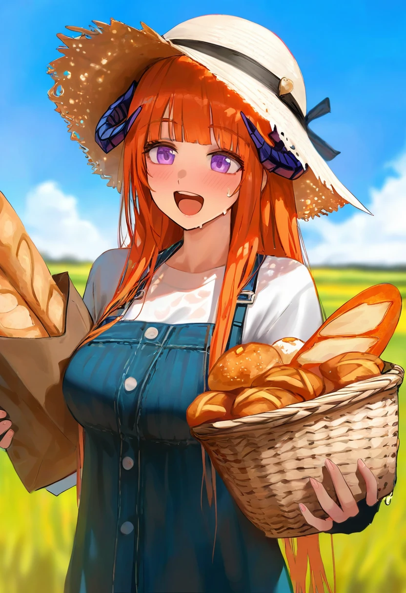 ningen mame,[ciloranko],[[binggong asylum]],asakuraf,[[shexyo]],[wlop], - 1girl,bagpipe \(arknights\),arknights,baguette,blush,bread,croissant,holding basket,pretzel,upper body,straw hat,field,sky,laughing,sweat,sunlight,