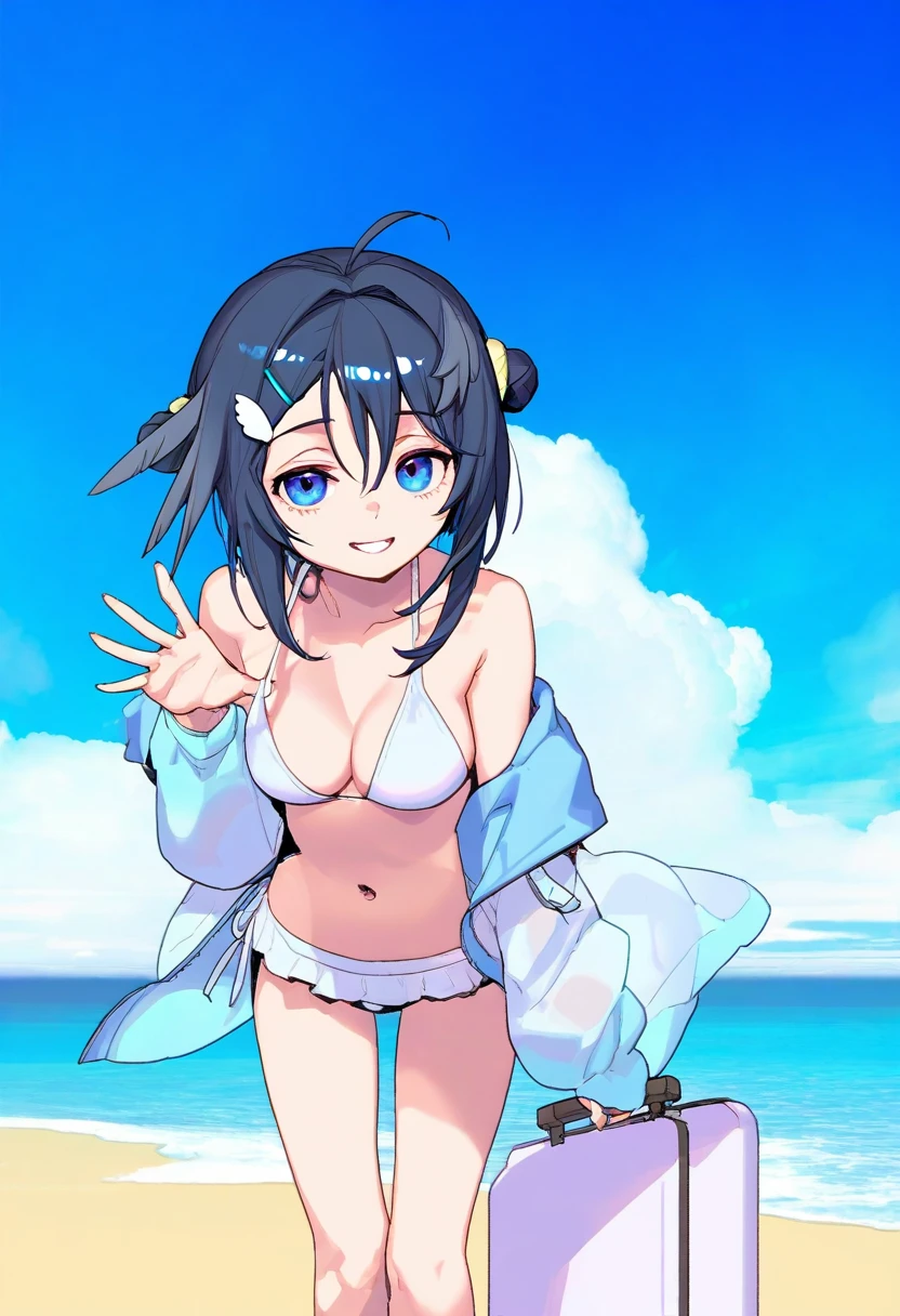 (kousaki ruri),ningen mame,[enkyo yuuichirou],[phantom ix row],ask\(askzy\),[tianliang duohe fangdongye], - 1girl,la pluma \(summer flowers\) \(arknights\),arknights,white bikini,outdoors,navel,day,sky,blue sky,beach,suitcase,looking at viewer,ocean,low-tied long hair,leaning forward,standing,holding,frills,hand up,bare shoulders,floating hair,