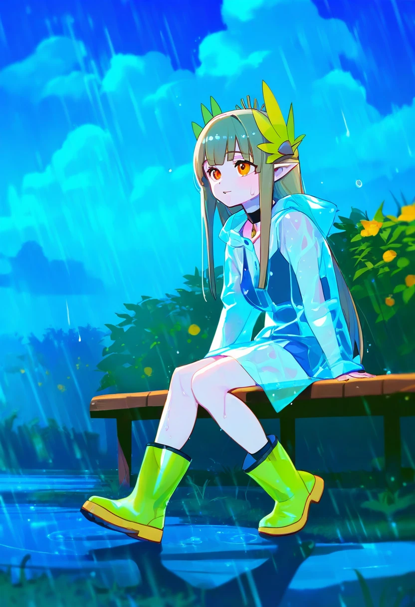 (kousaki ruri),ningen mame,[enkyo yuuichirou],[phantom ix row],ask\(askzy\),[tianliang duohe fangdongye], - 1girl,muelsyse \(arknights\),arknights,cloudy sky,grass,on bench,outdoors,rain,road,yellow rubber boots,see-through coat,sitting,transparent raincoat,water drop,