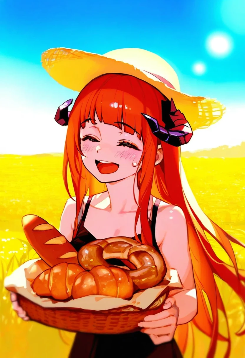 (kousaki ruri),ningen mame,[enkyo yuuichirou],[phantom ix row],ask\(askzy\),[tianliang duohe fangdongye], - 1girl,bagpipe \(arknights\),arknights,baguette,blush,bread,croissant,holding basket,pretzel,upper body,straw hat,field,sky,laughing,sweat,sunlight,