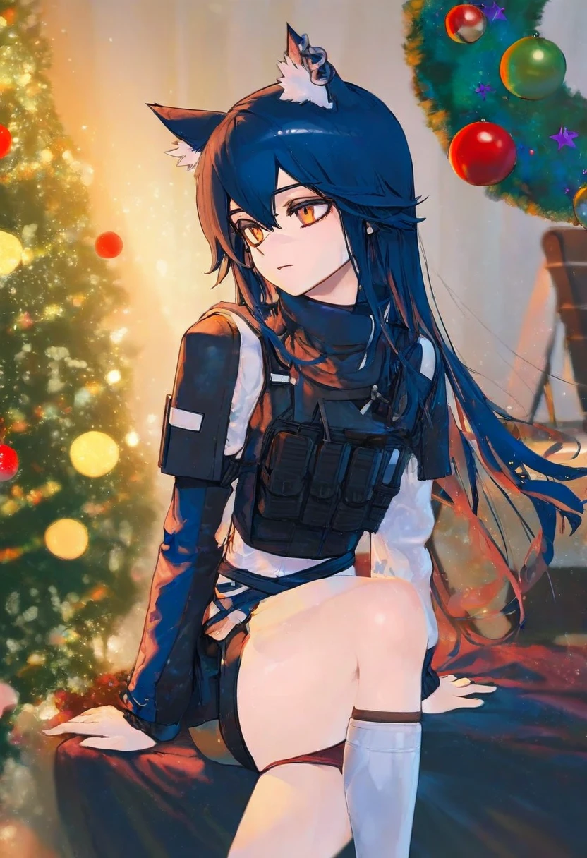 phantom ix row,wanke,akakura,[wlop],ciloranko, - 1girl,texas \(arknights\),arknights,underwear,tactical vest,christmas tree,christmas ornaments,