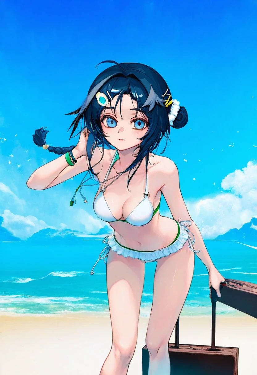 phantom ix row,wanke,akakura,[wlop],ciloranko, - 1girl,la pluma \(summer flowers\) \(arknights\),arknights,white bikini,outdoors,navel,day,sky,blue sky,beach,suitcase,looking at viewer,ocean,low-tied long hair,leaning forward,standing,holding,frills,hand up,bare shoulders,floating hair,