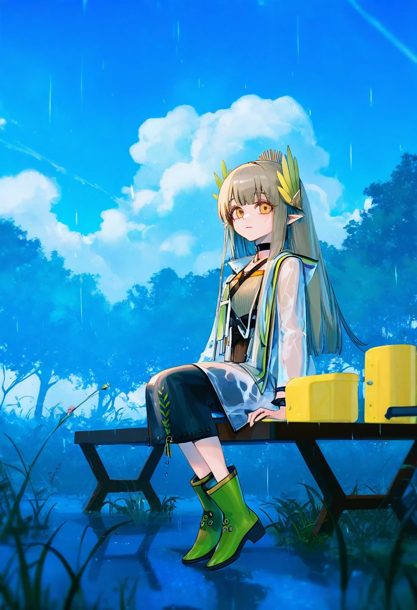 phantom ix row,wanke,akakura,[wlop],ciloranko, - 1girl,muelsyse \(arknights\),arknights,cloudy sky,grass,on bench,outdoors,rain,road,yellow rubber boots,see-through coat,sitting,transparent raincoat,water drop,