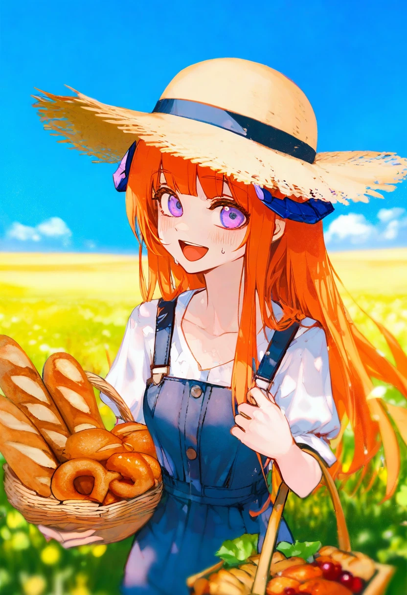 phantom ix row,wanke,akakura,[wlop],ciloranko, - 1girl,bagpipe \(arknights\),arknights,baguette,blush,bread,croissant,holding basket,pretzel,upper body,straw hat,field,sky,laughing,sweat,sunlight,