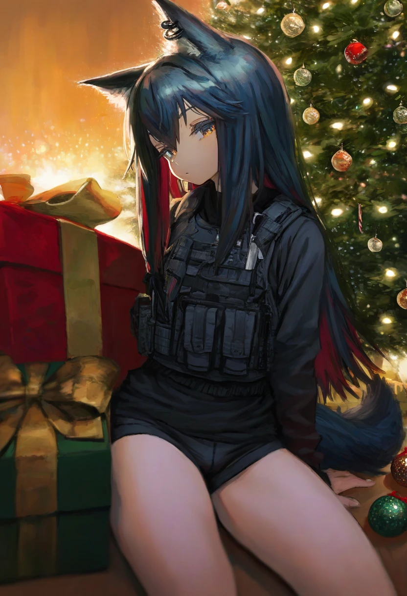 Jonpei,[sho \(sho lwlw\)], - 1girl,texas \(arknights\),arknights,underwear,tactical vest,christmas tree,christmas ornaments,