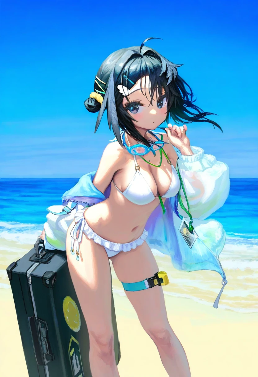 Jonpei,[sho \(sho lwlw\)], - 1girl,la pluma \(summer flowers\) \(arknights\),arknights,white bikini,outdoors,navel,day,sky,blue sky,beach,suitcase,looking at viewer,ocean,low-tied long hair,leaning forward,standing,holding,frills,hand up,bare shoulders,floating hair,