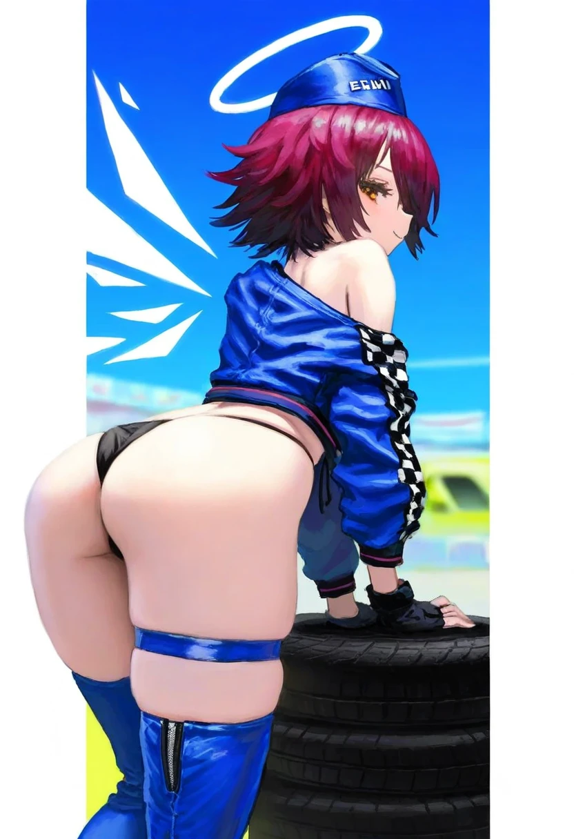 Jonpei,[sho \(sho lwlw\)], - 1girl,exusiai \(arknights\),arknights,black gloves,black panties,blue thigh boots,blue hat,blue jacket,long sleeves,race queen,thigh strap,thong,single bare shoulder,skindentation,tire,