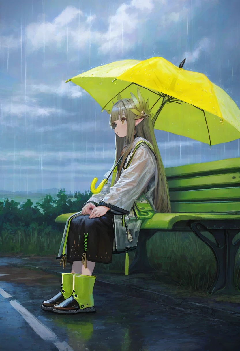 Jonpei,[sho \(sho lwlw\)], - 1girl,muelsyse \(arknights\),arknights,cloudy sky,grass,on bench,outdoors,rain,road,yellow rubber boots,see-through coat,sitting,transparent raincoat,water drop,