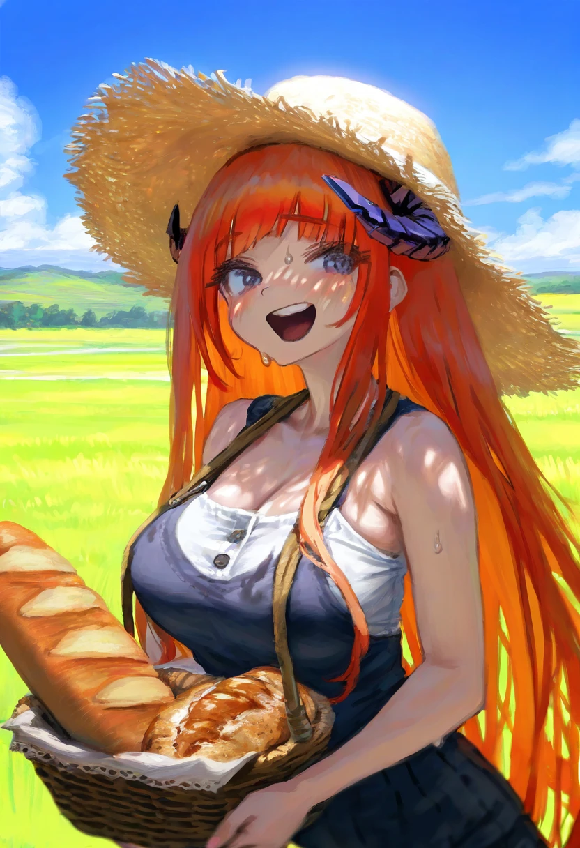 Jonpei,[sho \(sho lwlw\)], - 1girl,bagpipe \(arknights\),arknights,baguette,blush,bread,croissant,holding basket,pretzel,upper body,straw hat,field,sky,laughing,sweat,sunlight,