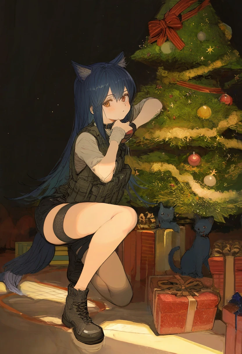 [ciloranko],(((minaba hideo))),(demizu posuka),(shion\(mirudakemann\)),(yoshida akihiko),(ask \(askzy\)), - 1girl,texas \(arknights\),arknights,underwear,tactical vest,christmas tree,christmas ornaments,