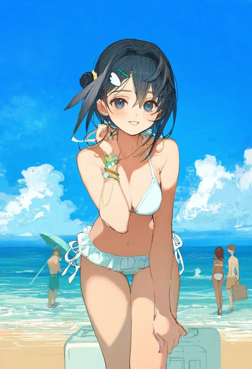 [ciloranko],(((minaba hideo))),(demizu posuka),(shion\(mirudakemann\)),(yoshida akihiko),(ask \(askzy\)), - 1girl,la pluma \(summer flowers\) \(arknights\),arknights,white bikini,outdoors,navel,day,sky,blue sky,beach,suitcase,looking at viewer,ocean,low-tied long hair,leaning forward,standing,holding,frills,hand up,bare shoulders,floating hair,