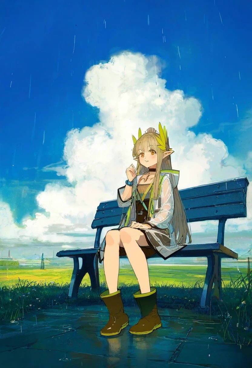 [ciloranko],(((minaba hideo))),(demizu posuka),(shion\(mirudakemann\)),(yoshida akihiko),(ask \(askzy\)), - 1girl,muelsyse \(arknights\),arknights,cloudy sky,grass,on bench,outdoors,rain,road,yellow rubber boots,see-through coat,sitting,transparent raincoat,water drop,