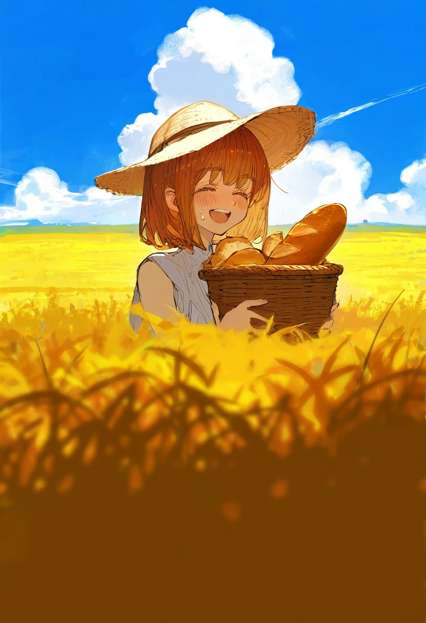 [ciloranko],(((minaba hideo))),(demizu posuka),(shion\(mirudakemann\)),(yoshida akihiko),(ask \(askzy\)), - 1girl,bagpipe \(arknights\),arknights,baguette,blush,bread,croissant,holding basket,pretzel,upper body,straw hat,field,sky,laughing,sweat,sunlight,