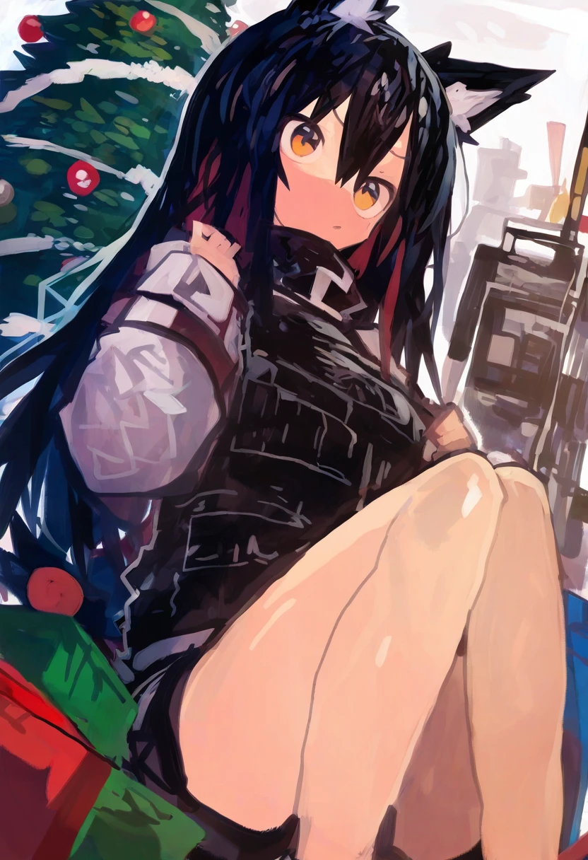 kaamin \(mariarose753\),milk panda, - 1girl,texas \(arknights\),arknights,underwear,tactical vest,christmas tree,christmas ornaments,