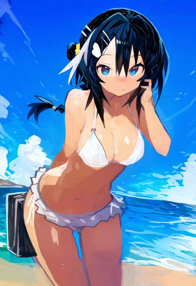 kaamin \(mariarose753\),milk panda, - 1girl,la pluma \(summer flowers\) \(arknights\),arknights,white bikini,outdoors,navel,day,sky,blue sky,beach,suitcase,looking at viewer,ocean,low-tied long hair,leaning forward,standing,holding,frills,hand up,bare shoulders,floating hair,