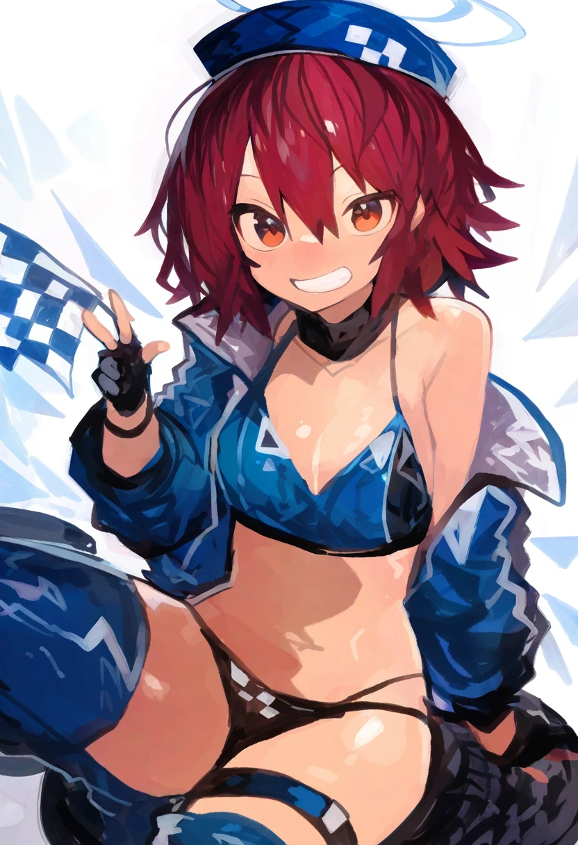 kaamin \(mariarose753\),milk panda, - 1girl,exusiai \(arknights\),arknights,black gloves,black panties,blue thigh boots,blue hat,blue jacket,long sleeves,race queen,thigh strap,thong,single bare shoulder,skindentation,tire,