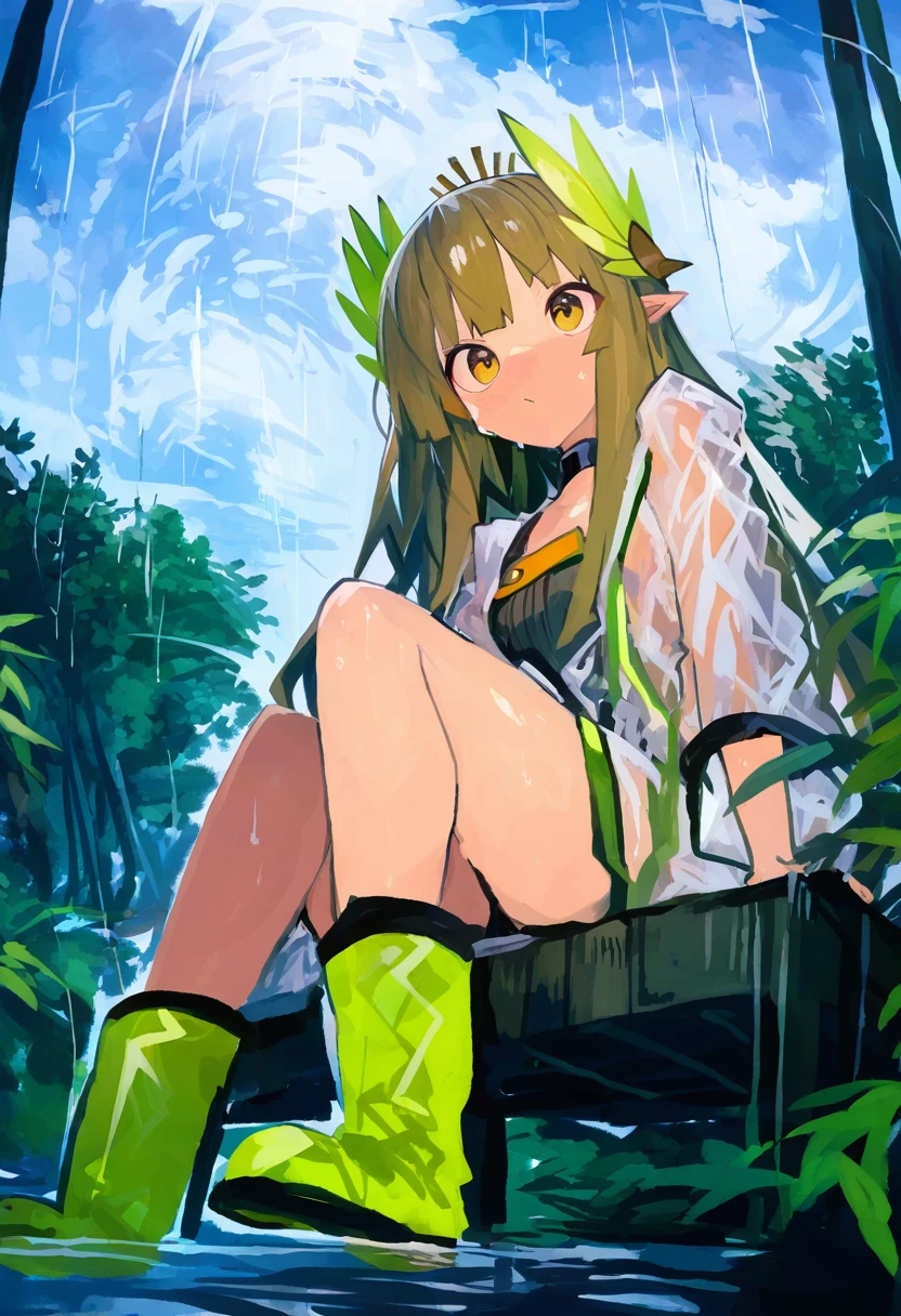 kaamin \(mariarose753\),milk panda, - 1girl,muelsyse \(arknights\),arknights,cloudy sky,grass,on bench,outdoors,rain,road,yellow rubber boots,see-through coat,sitting,transparent raincoat,water drop,