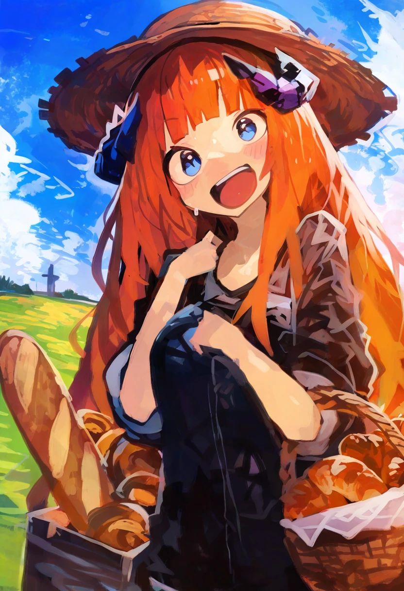 kaamin \(mariarose753\),milk panda, - 1girl,bagpipe \(arknights\),arknights,baguette,blush,bread,croissant,holding basket,pretzel,upper body,straw hat,field,sky,laughing,sweat,sunlight,