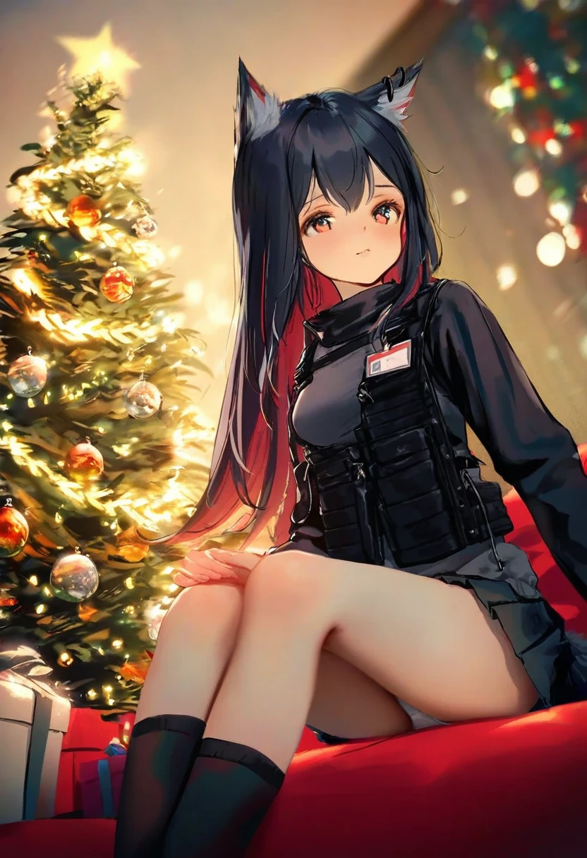 chen bin,icecake,[qizhu],[onineko],[anmi],kedama milk,(wlop),tianliang duohe fangdongye,ke-ta,rei \(sanbonzakura\), - 1girl,texas \(arknights\),arknights,underwear,tactical vest,christmas tree,christmas ornaments,